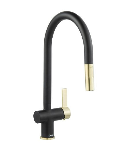 Hillam Modern Pull Out Kitchen Tap in Black & Brushed Brass Finish